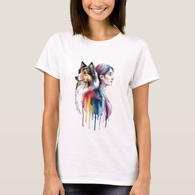 Camiseta Acuarela Canina Sheltie - Femenina (Frente)