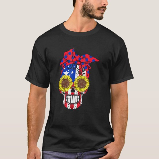Camiseta Açúcar Caveira pavilhão americano Flores florais d (Frente)