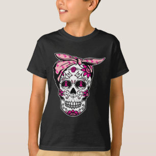 Camiseta Açúcar Crânio Rosa Fita Fita Legal Cancer da Mama