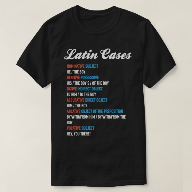 Camiseta Acusativo Dativo Nominativo Das Capas Latinas Etc (Frente do Design)
