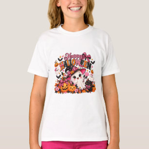 Camiseta Adesivo de Fantasma de Halloween com Laço Rosa Fof