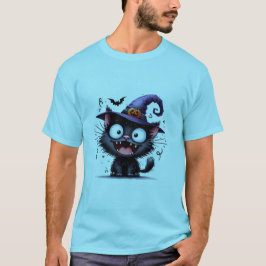 Camiseta Adesivo de Gato de Bruxa de Halloween Fofo com Cha