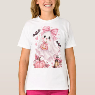 Camiseta Adesivo de Halloween Fantasma com Laço Rosa Fofo