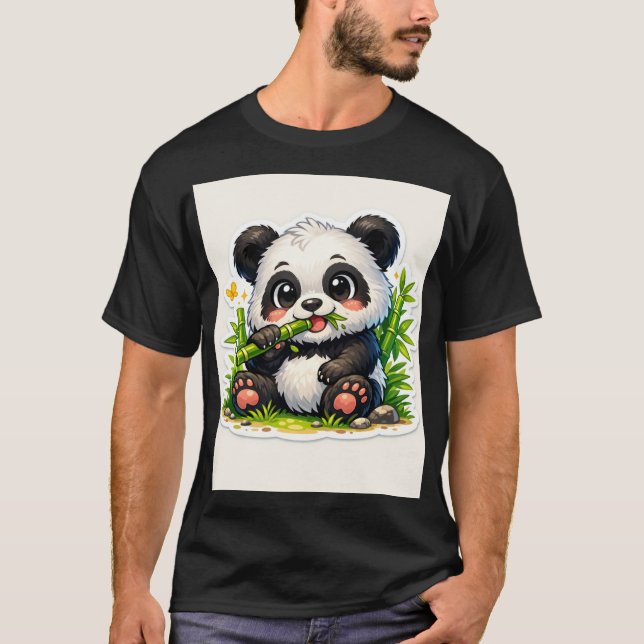 Camiseta Adesivo de Panda Fofo Comendo Bambu (Frente)
