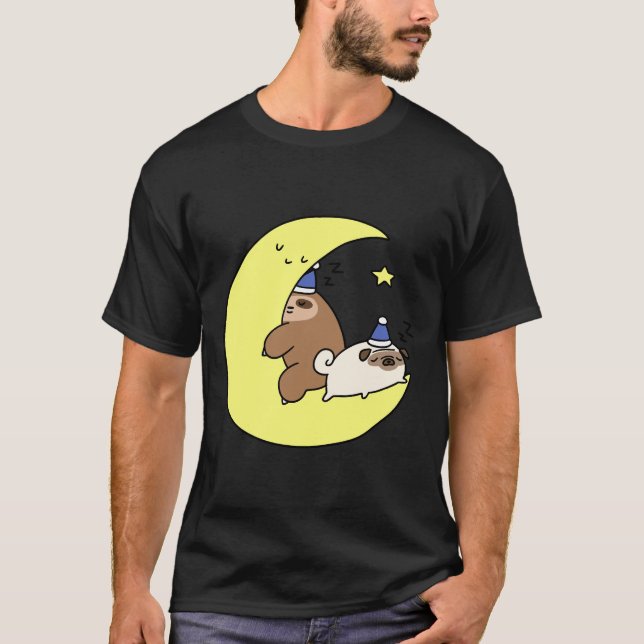 Camiseta Adesivo de Preguiça e Pug da Lua Sonolenta (Frente)