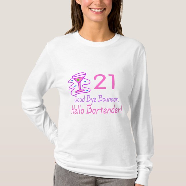 Camiseta Adeus barman do leão-de-chácara 21 olá! (rosa) (Frente)