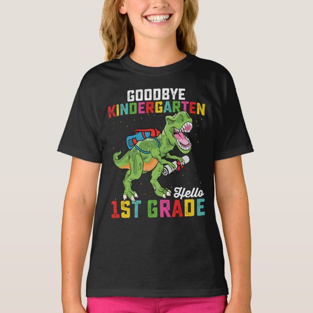 Camiseta Adeus Jardim de Infância Alô 1 rua Grau T Rex Scho (Frente)