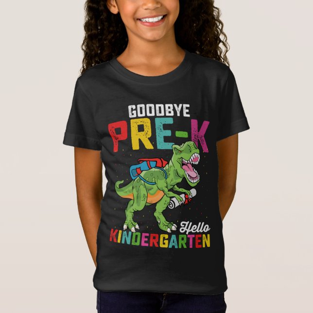 Camiseta Adeus Pré K Alô Jardim de Infância T Rex School (Frente)