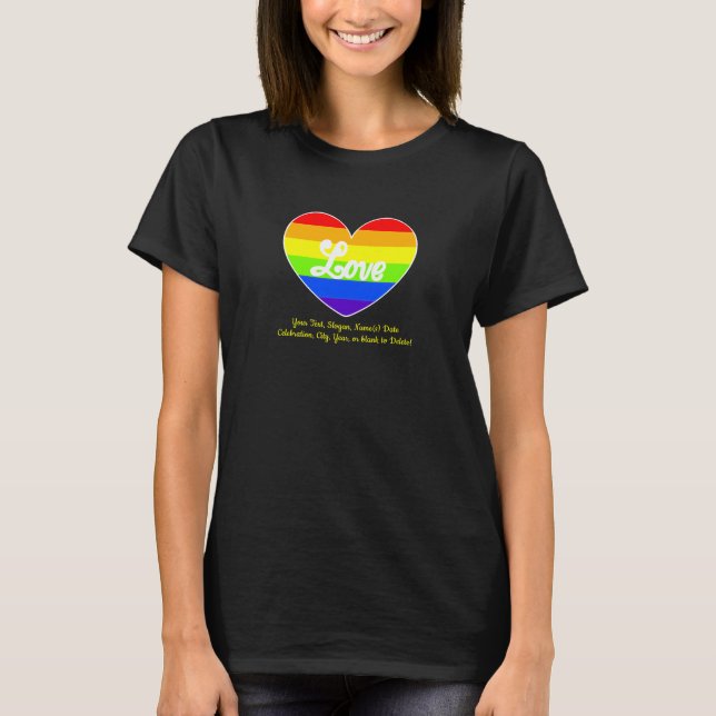 Camiseta Adicione seu texto, Rainbow Heart LOVE em preto (Frente)