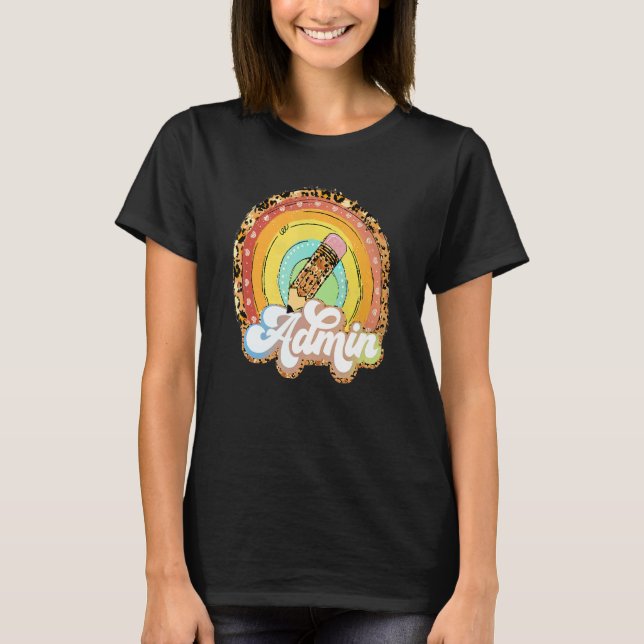 Camiseta Admin Leopardo Lápis Arco-Íris Volta às Aulas Retr (Frente)
