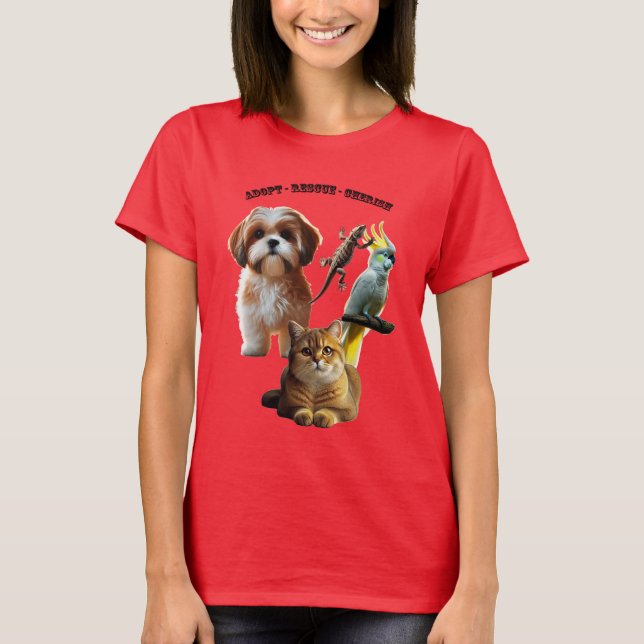 Camiseta Adoção Pet com Cão, Gato, Pássaro e URM Lizard (Frente)