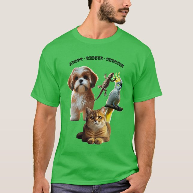 Camiseta Adoção Pet com Cão, Gato, Pássaro e URM Lizard (Frente)