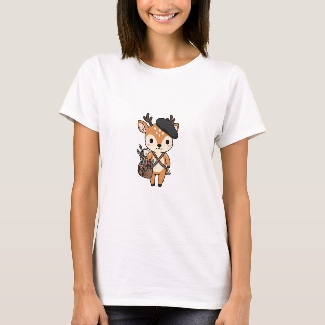 Camiseta Adorable Artist Deer with Beret and Art Supplies (Frente)