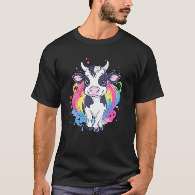Camiseta Adorable Baby Calf with Rainbow Splash Cartoon (Frente)