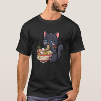 Camiseta Adorable Black Cat Eating Ramen Kawaii Design Boys