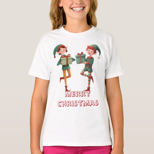 Camiseta Adorable Christmas Elf with Gift Box (Frente)