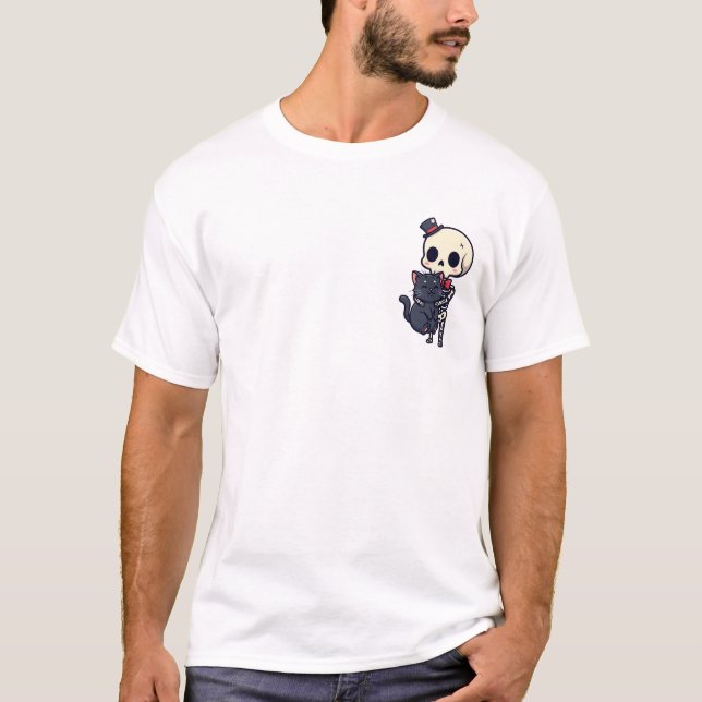 Camiseta Adorable Dapper Skeleton Hugging Smiling Black Cat (Frente)