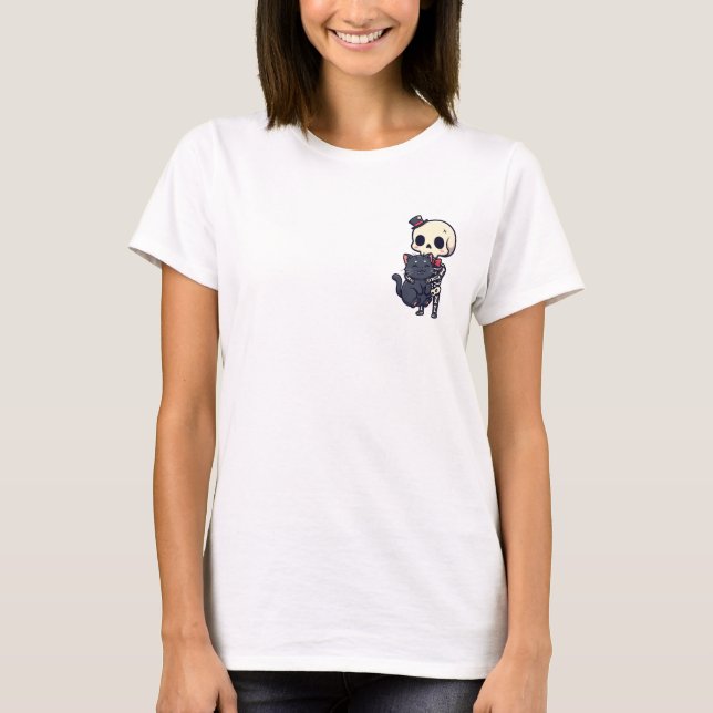 Camiseta Adorable Dapper Skeleton Hugging Smiling Black Cat (Frente)