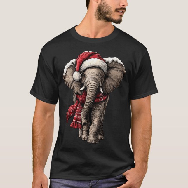 Camiseta Adorable Elephant In Santa Hat Snowy Winter Christ (Frente)