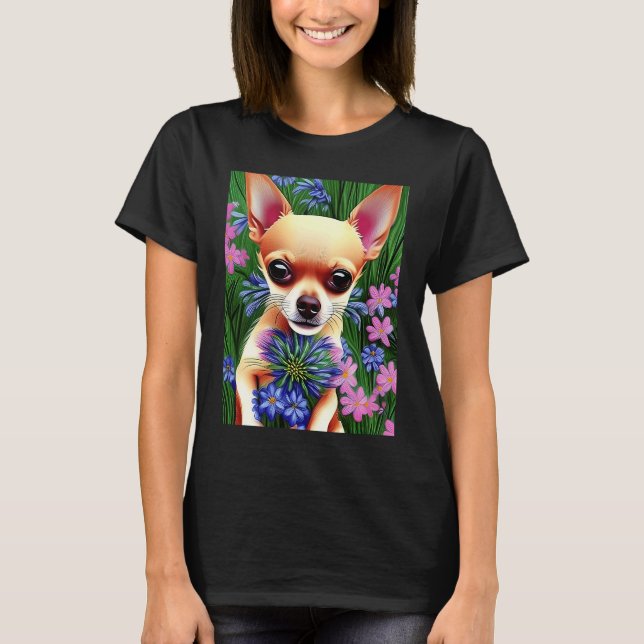 Camiseta Adorable Fawn Chihuahua Playing in Flowers (Frente)