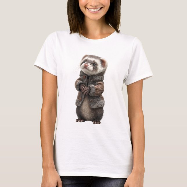 Camiseta Adorable Ferret in Knitted Brown Cardigan (Frente)