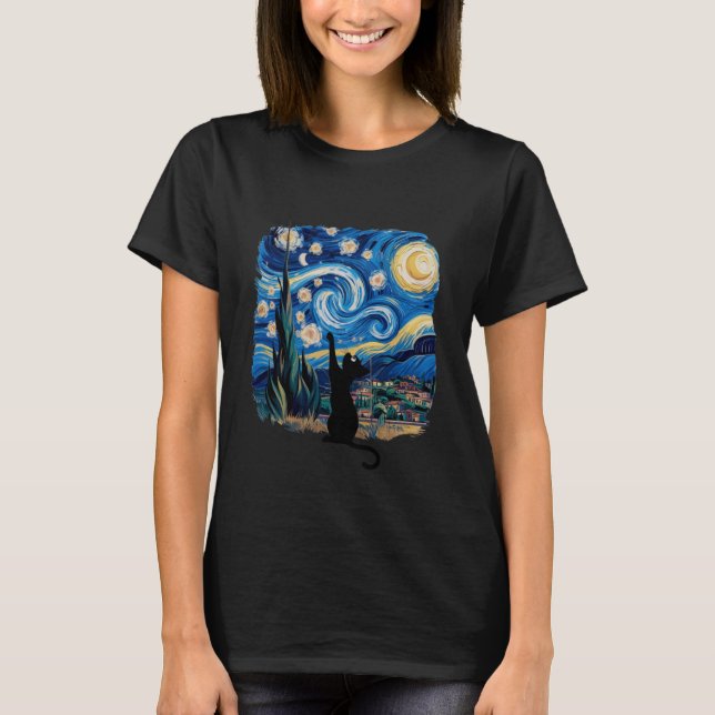 Camiseta Adorable Kawaii Black Cat Reaching for Stars in a  (Frente)