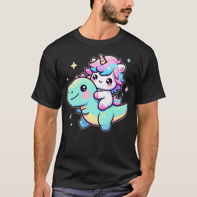 Camiseta Adorable Kawaii Unicorn Rides Dinosaur (Frente)