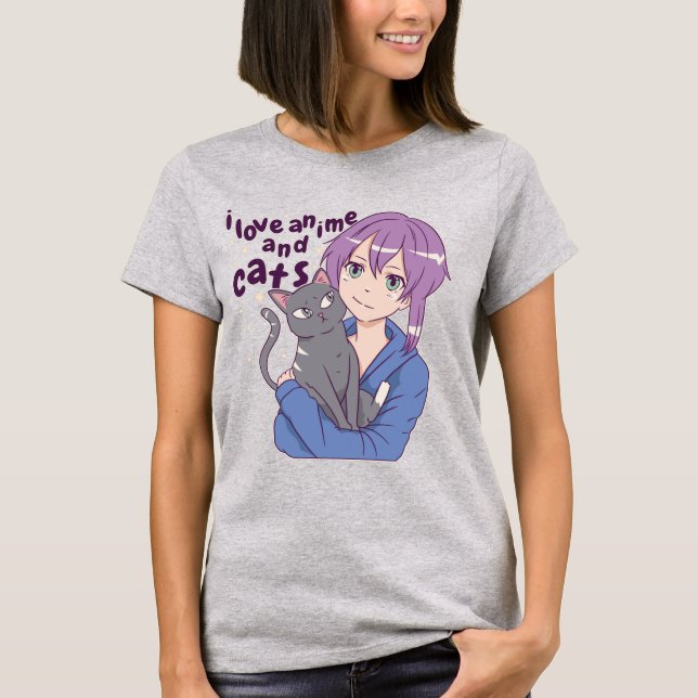 Camiseta Adorável Adoro Anime e Gatos (Frente)