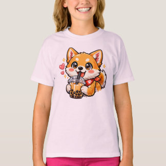 Camiseta Adorável Anime Shiba Inu Bebendo Chá de Bolha Kawa