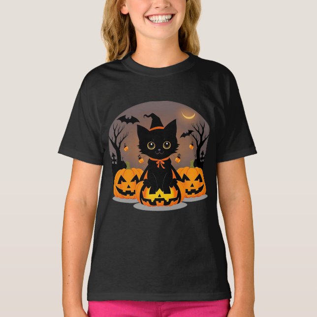 Camiseta Adorável Black Kitten no Witch Hat (Frente)