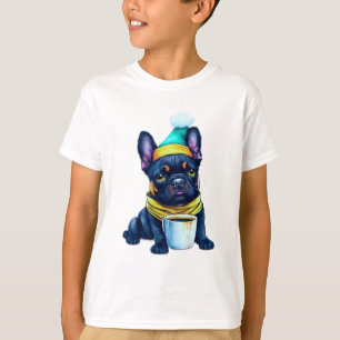 Camiseta Adorável Buldogue Francês em Santa Hat e Scarf