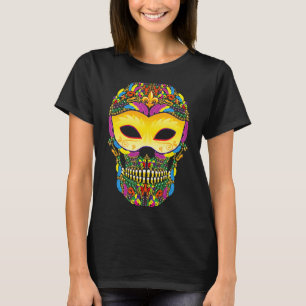 Camiseta Adorável Caveira de Mardi Gras Chapéu de Bobo Másc