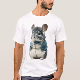 Camiseta Adorável Chinchila Antropomórfica com Laço Azul