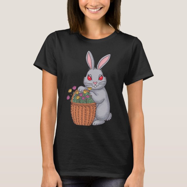 Camiseta Adorável Coelho de Páscoa Chapado Com Cesto De Flo (Frente)