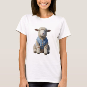 Camiseta Adorável Cordeirinho Vestindo Colete Azul de Tricô