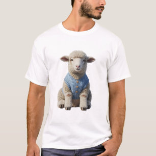 Camiseta Adorável Cordeirinho Vestindo Colete de Tricô Azul
