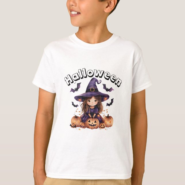 Camiseta Adorável de Bruxas Crianças de Halloween (Frente)
