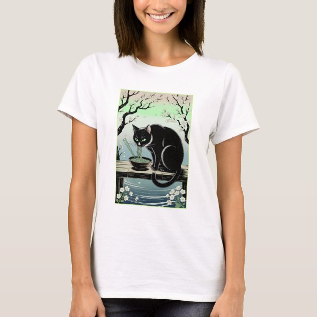 Camiseta Adorável de Gato Comendo Ramen (Frente)