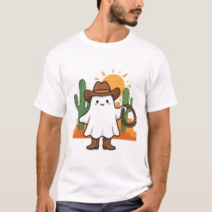 Camiseta Adorável Fantasma Chapéu de Cowboy Botas Arte Ocid