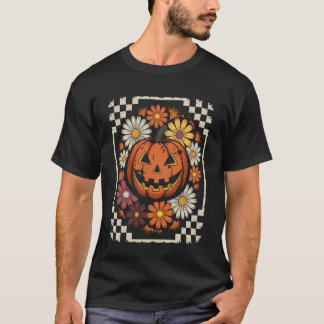 Camiseta Adorável Floral de Halloween Abóbora de Outono com