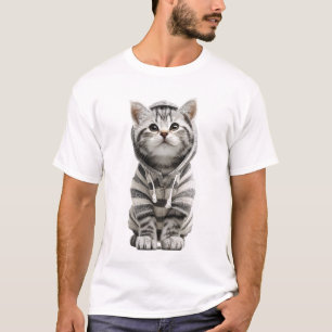 Camiseta Adorável Gatinho Cinza Tabby em Capuz Listrado
