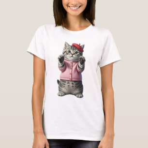 Camiseta Adorável Gatinho Cinza Tabby Vestindo Cardigan Ros