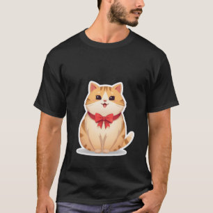 Camiseta Adorável Gatinho Ginger Kawaii com Adesivo de Laço