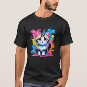 Camiseta Adorável Gatinho Kawaii com respingos de tinta col