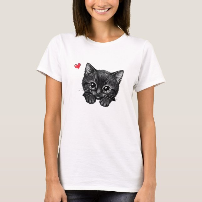 Camiseta Adorável Gatinho Preto Espiando com Coraç (Frente)