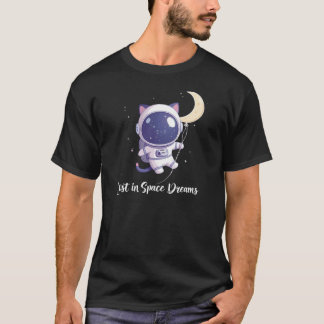 Camiseta Adorável Gato Espacial Kawaii Pastel com Lua e Arc