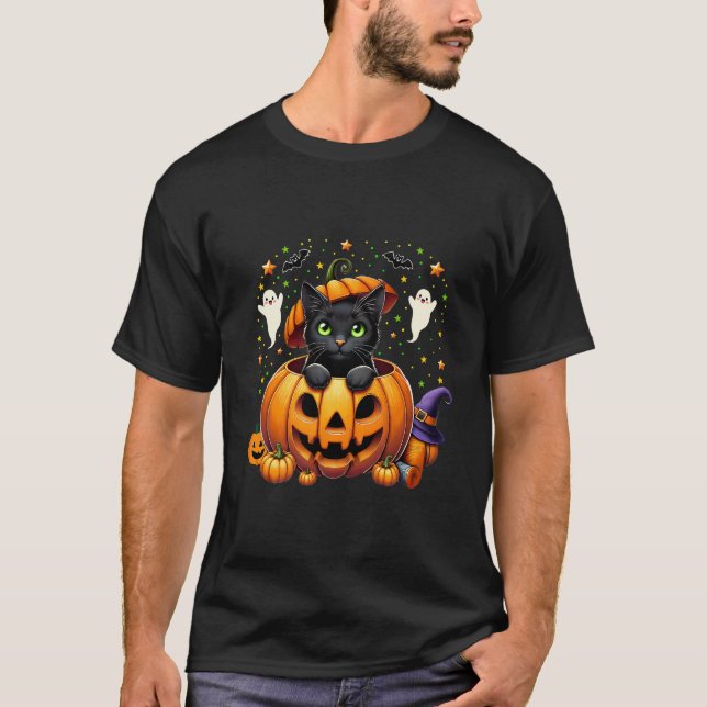 Camiseta Adorável Gato Negro em Pumpkin - Estação Spooky! (Frente)