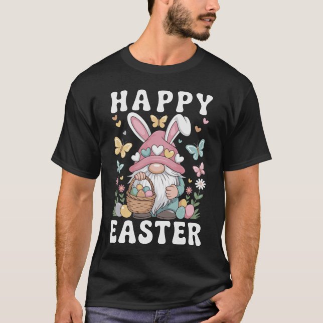 Camiseta Adorável Gnomo da Primavera com Cesta de Ovos de P (Frente)