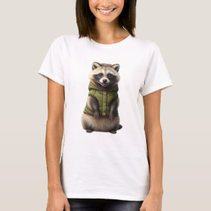 Camiseta Adorável Guaxinim com Colete de Tricô Verde