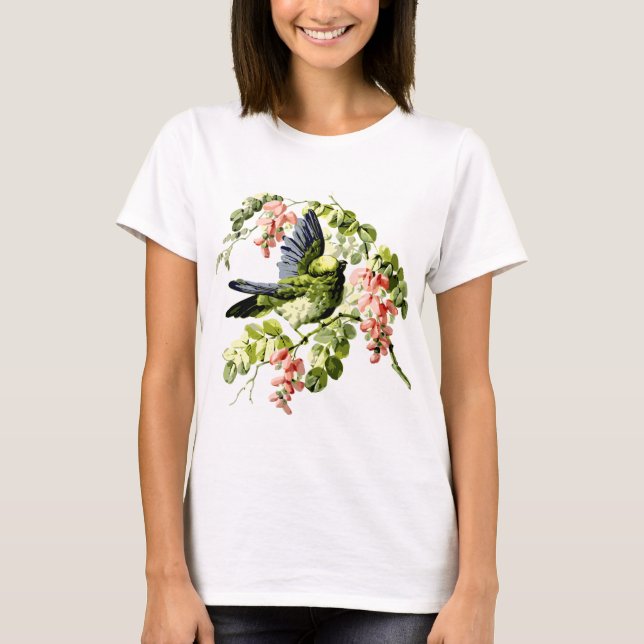 Camiseta Adorável Jovem Papagaio na Flor da Árvore (Frente)
